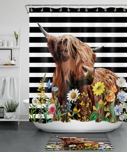 Make A Bold Statement With A Flower Highland Cow Shower Curtain Featuring Black And White Stripes