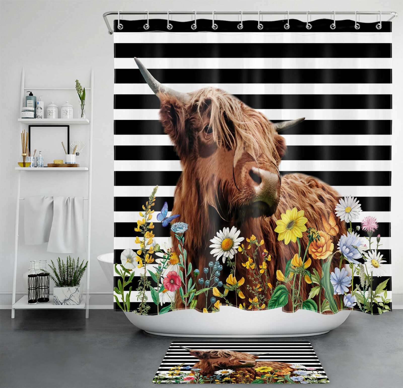 Make A Bold Statement With A Flower Highland Cow Shower Curtain Featuring Black And White Stripes