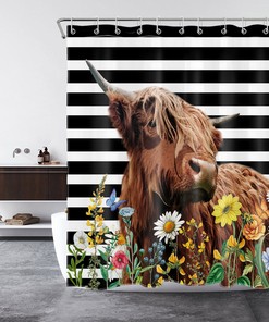 Make A Bold Statement With A Flower Highland Cow Shower Curtain Featuring Black And White Stripes