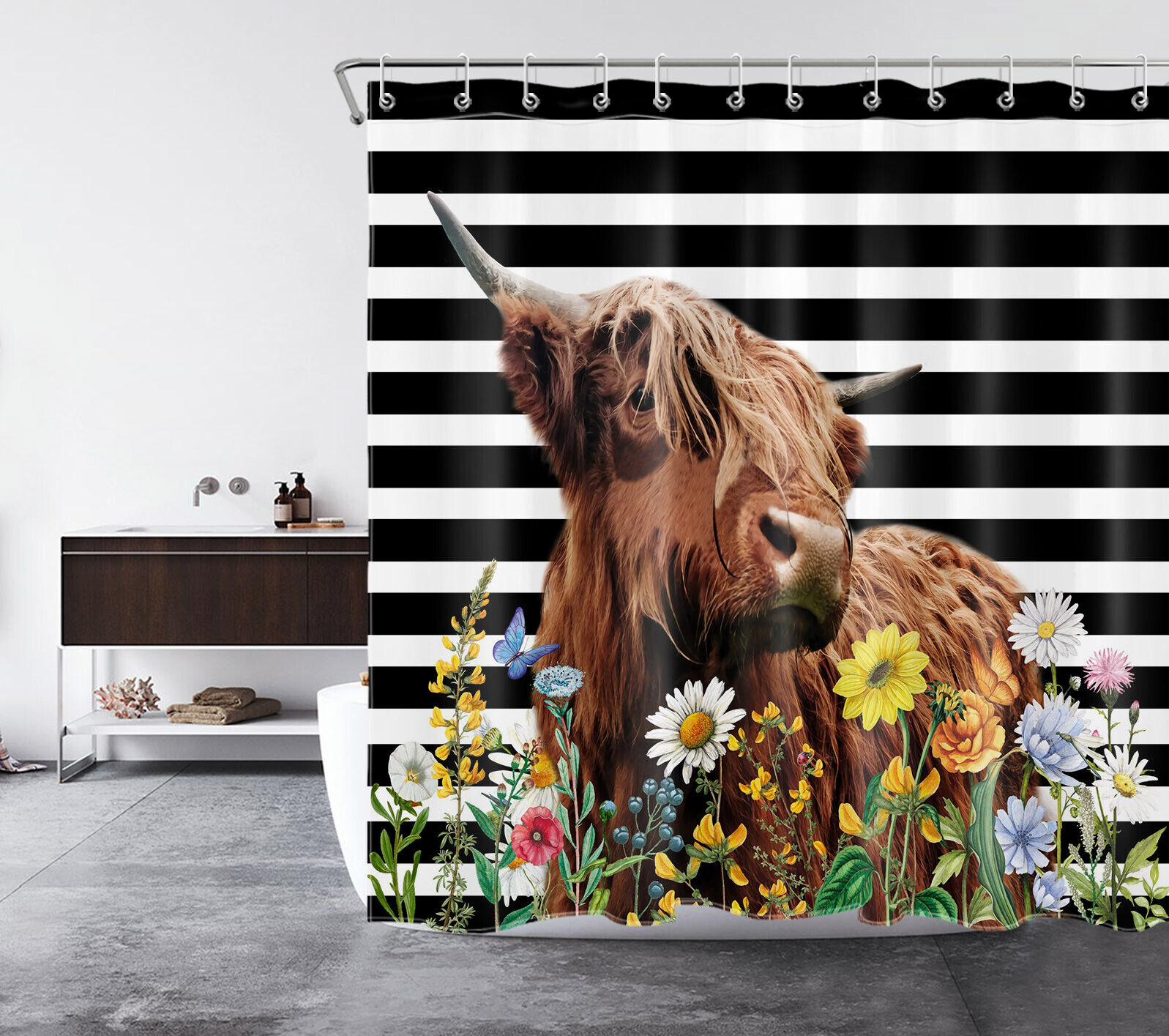Make A Bold Statement With A Flower Highland Cow Shower Curtain Featuring Black And White Stripes