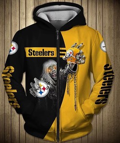 Make A Bold Statement With Pittsburgh Steelers Sudden Death Skulls 3D Zip Hoodie