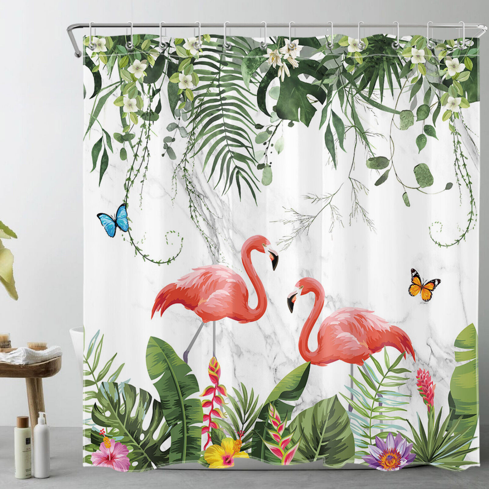 Make A Statement With A Pink Flamingo And Floral Plant Shower Curtain For Your Bathroom