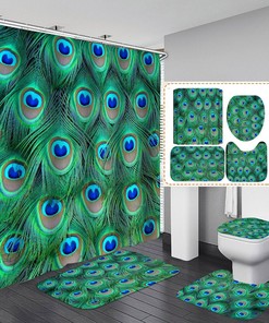 Make A Statement With Peacock Feather Waterproof Shower Curtain And Bathroom Mat.