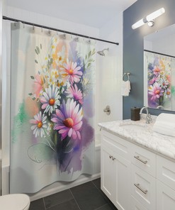 Make a Statement with Watercolor Floral Shower Curtain with Vibrant Daisy Bouquet Design