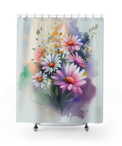 Make a Statement with Watercolor Floral Shower Curtain with Vibrant Daisy Bouquet Design