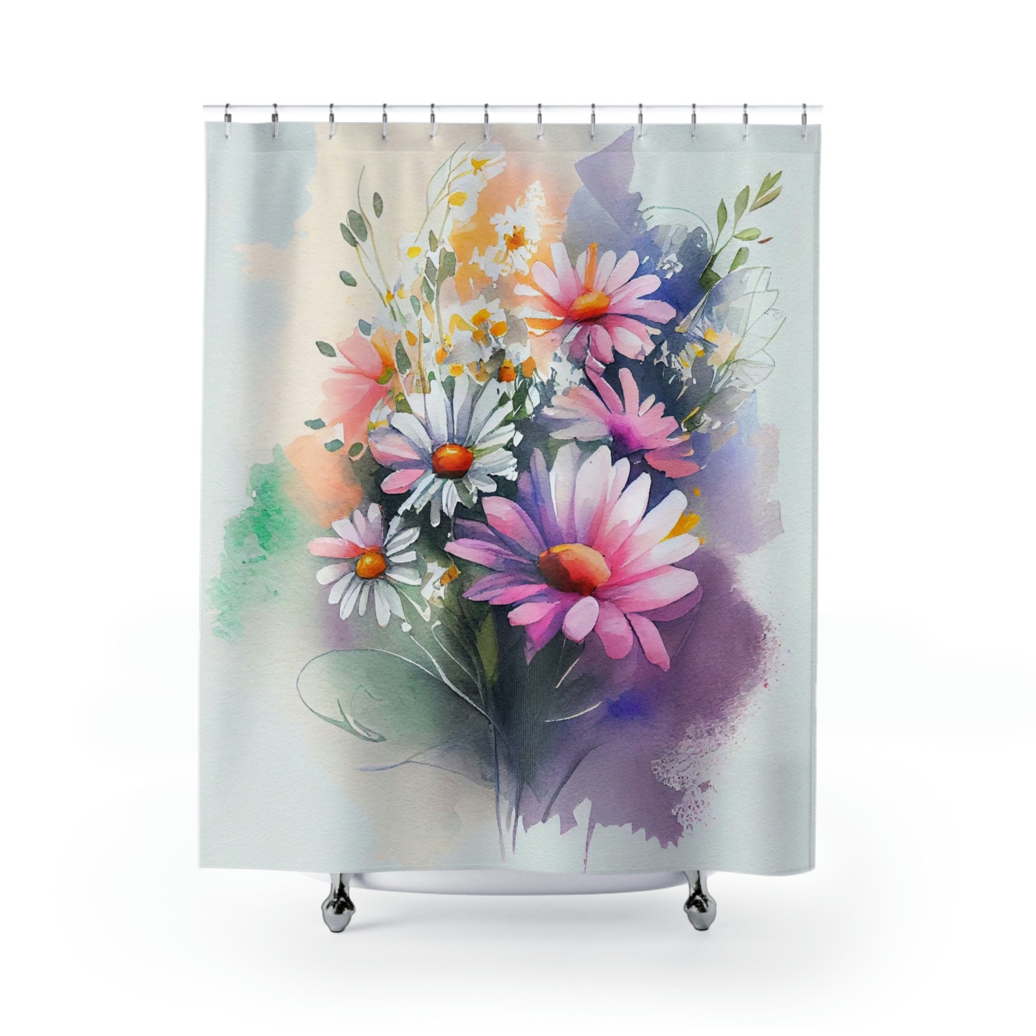 Make a Statement with Watercolor Floral Shower Curtain with Vibrant Daisy Bouquet Design