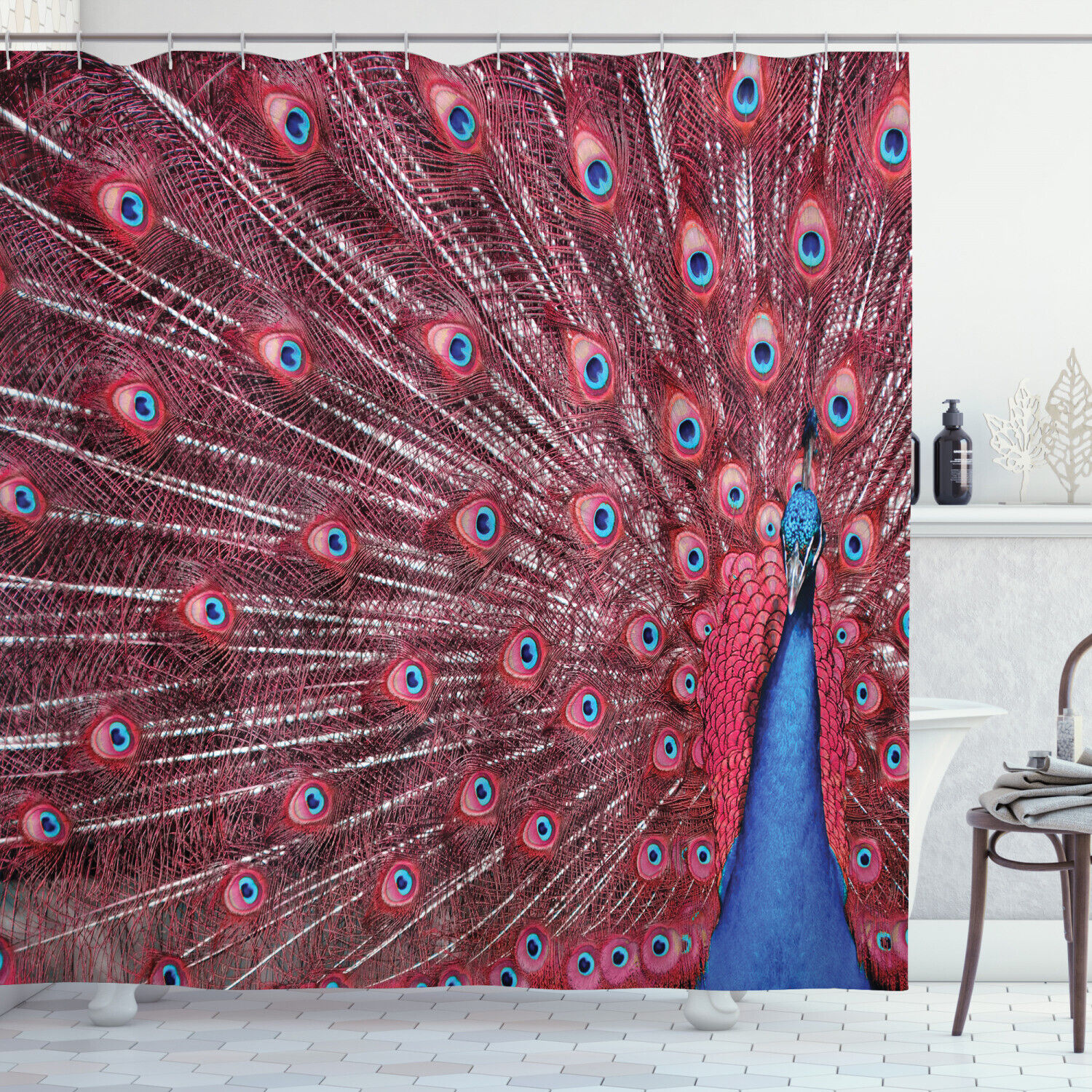 Male Peacock Feathers Shower Curtain with Wildlife Theme for Bathroom Decor