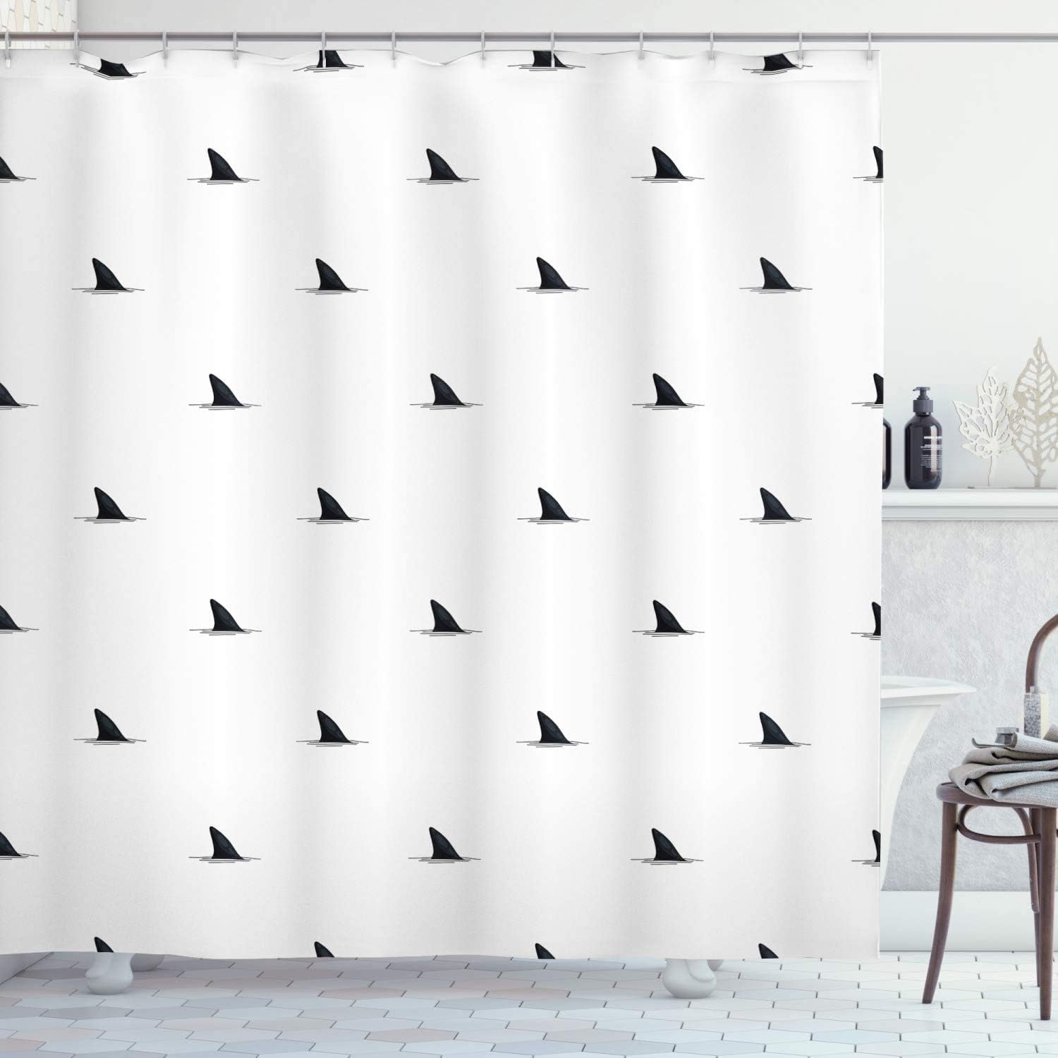 Malistic Design Shower Curtain With Pattern Of Shark Fins And Speedy Fish Hunting Artwork Print For Bathroom