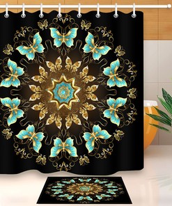 Mandala Blue Golden Butterfly Shower Curtain - Waterproof Fabric Bathroom Decor with Mat