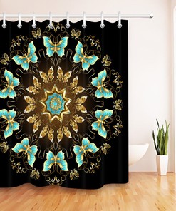 Mandala Blue Golden Butterfly Shower Curtain - Waterproof Fabric Bathroom Decor with Mat