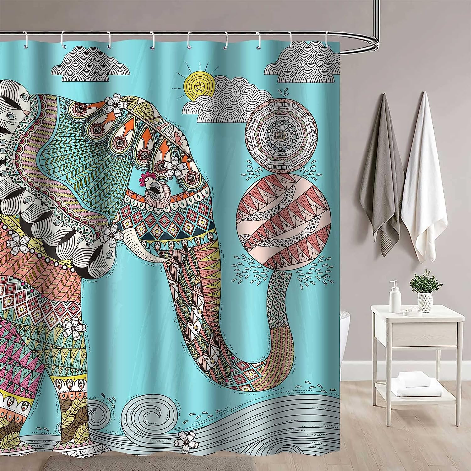 Mandala Bohemian Indian Elephant Shower Curtain - Ethnic Bathroom Decor