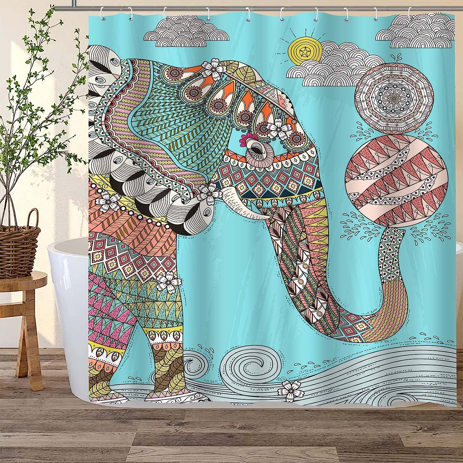 Mandala Bohemian Indian Elephant Shower Curtain - Ethnic Bathroom Decor