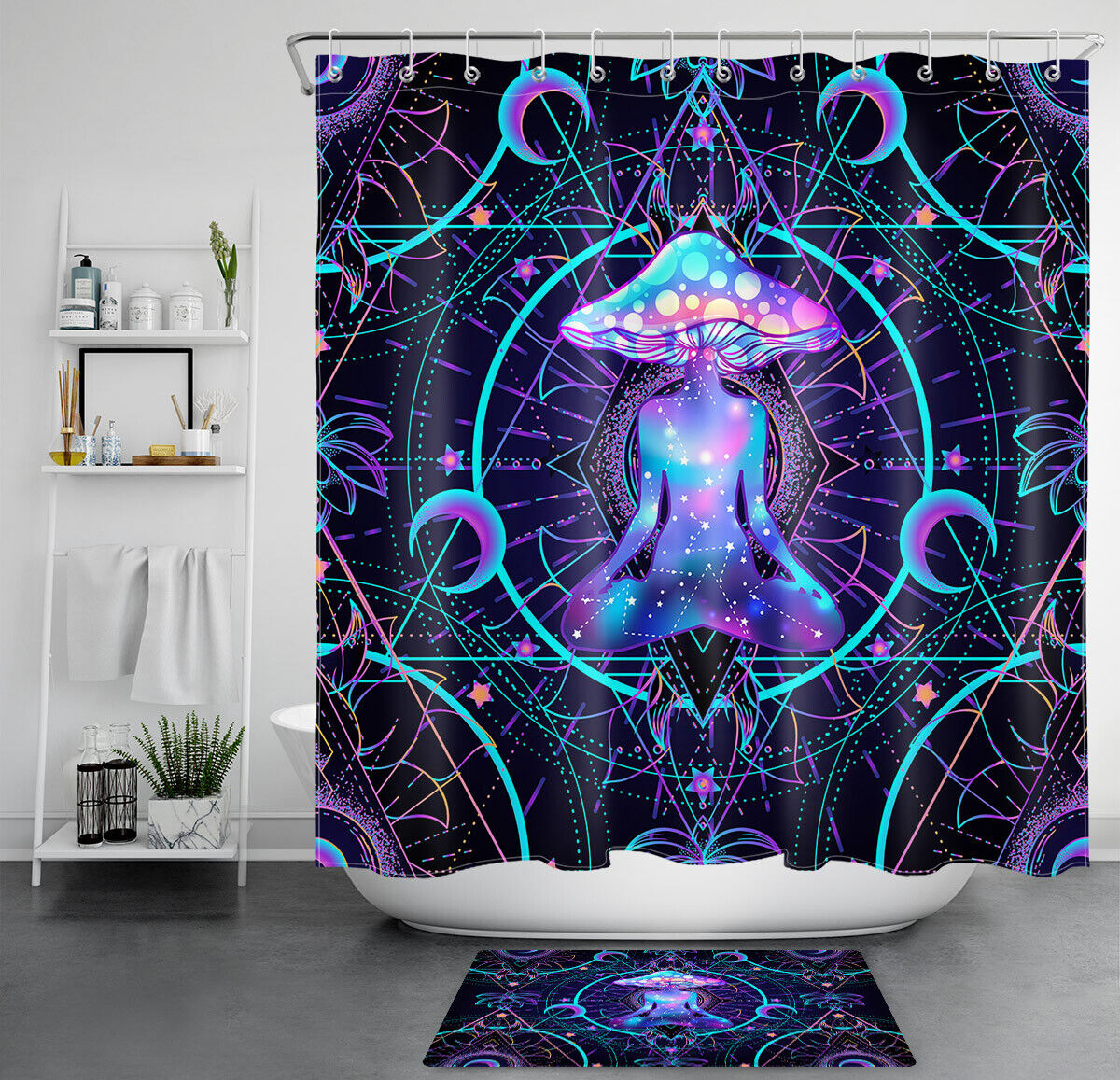 Mandala Fantasy Meditation Mushroom Waterproof Fabric Shower Curtain, Unique Bathroom Decor