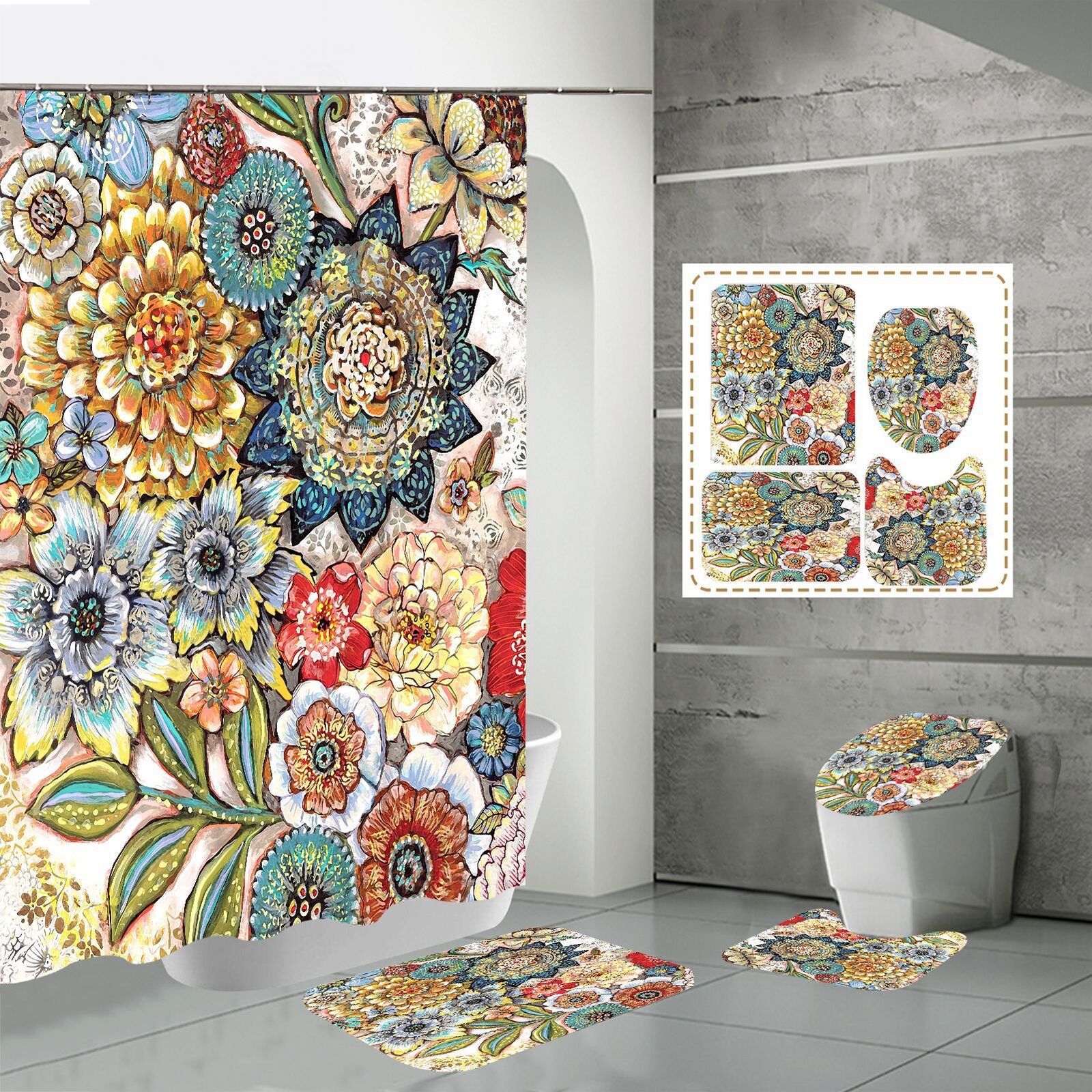 Mandala Flowers Garden Fabric Shower Curtain for Elegant Bathroom Decor