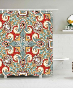 Mandala Graphic Fabric Shower Curtain With Colorful Floral Geometry Design, Ideal Bath Accessory