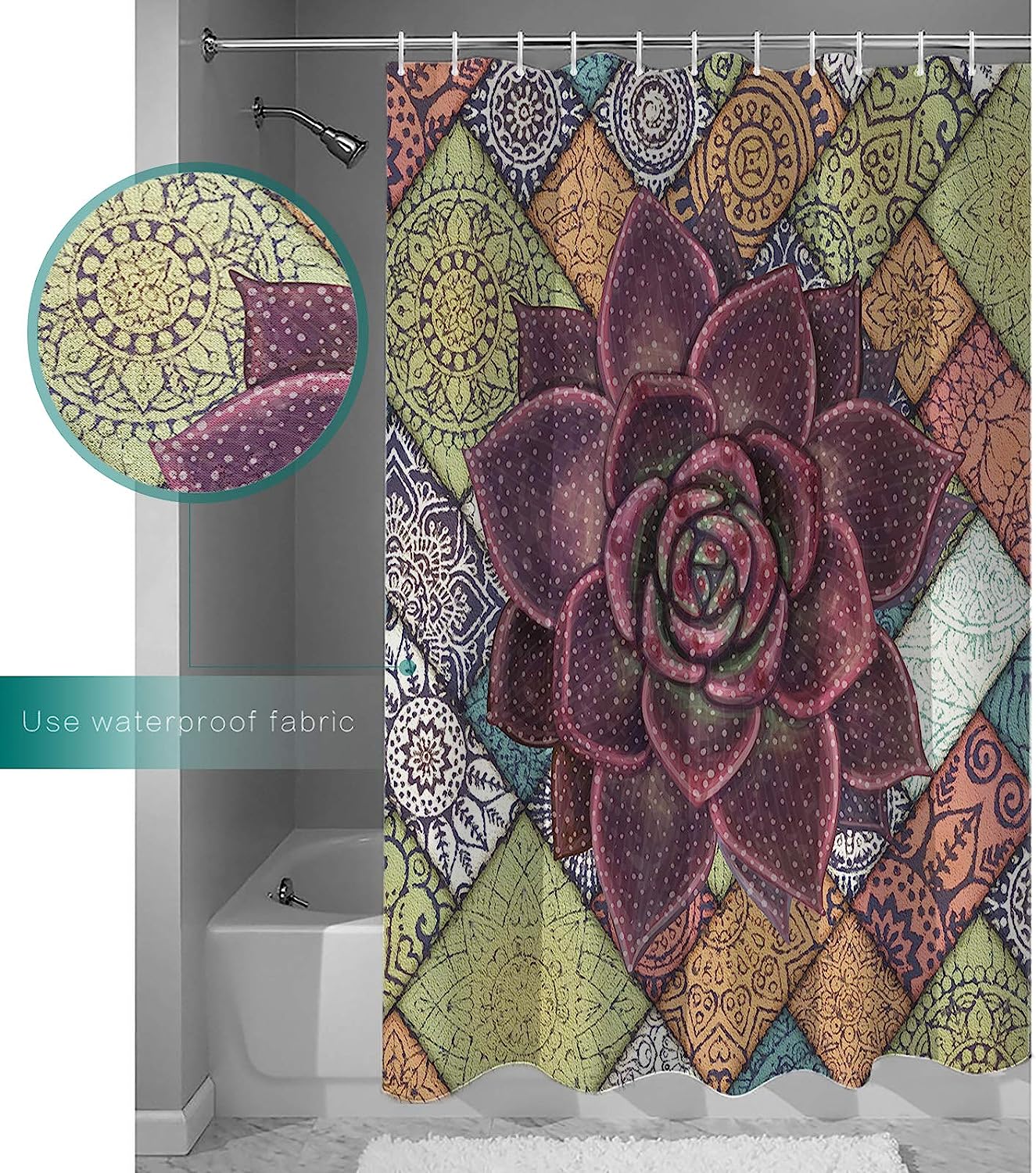 Mandala Succulent Shower Curtain | Boho Bathroom Decor - Image 3