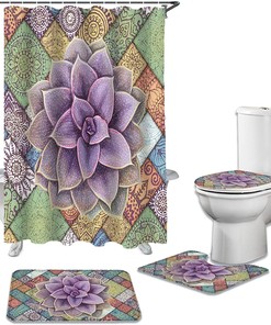 Mandala and Succulent Watercolor Shower Curtain for Tropical Bathroom