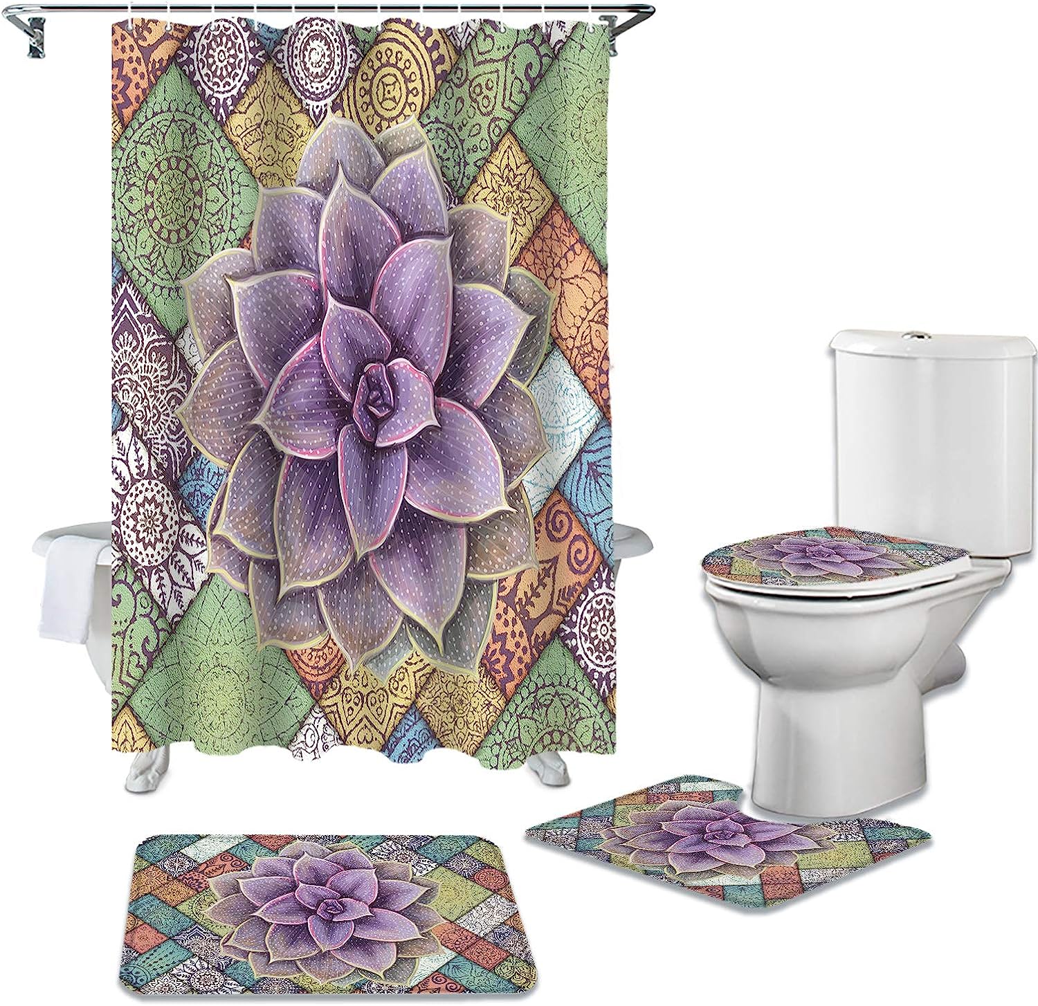 Mandala and Succulent Watercolor Shower Curtain for Tropical Bathroom