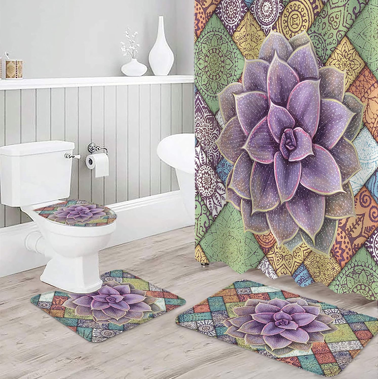 Mandala and Succulent Watercolor Shower Curtain for Tropical Bathroom
