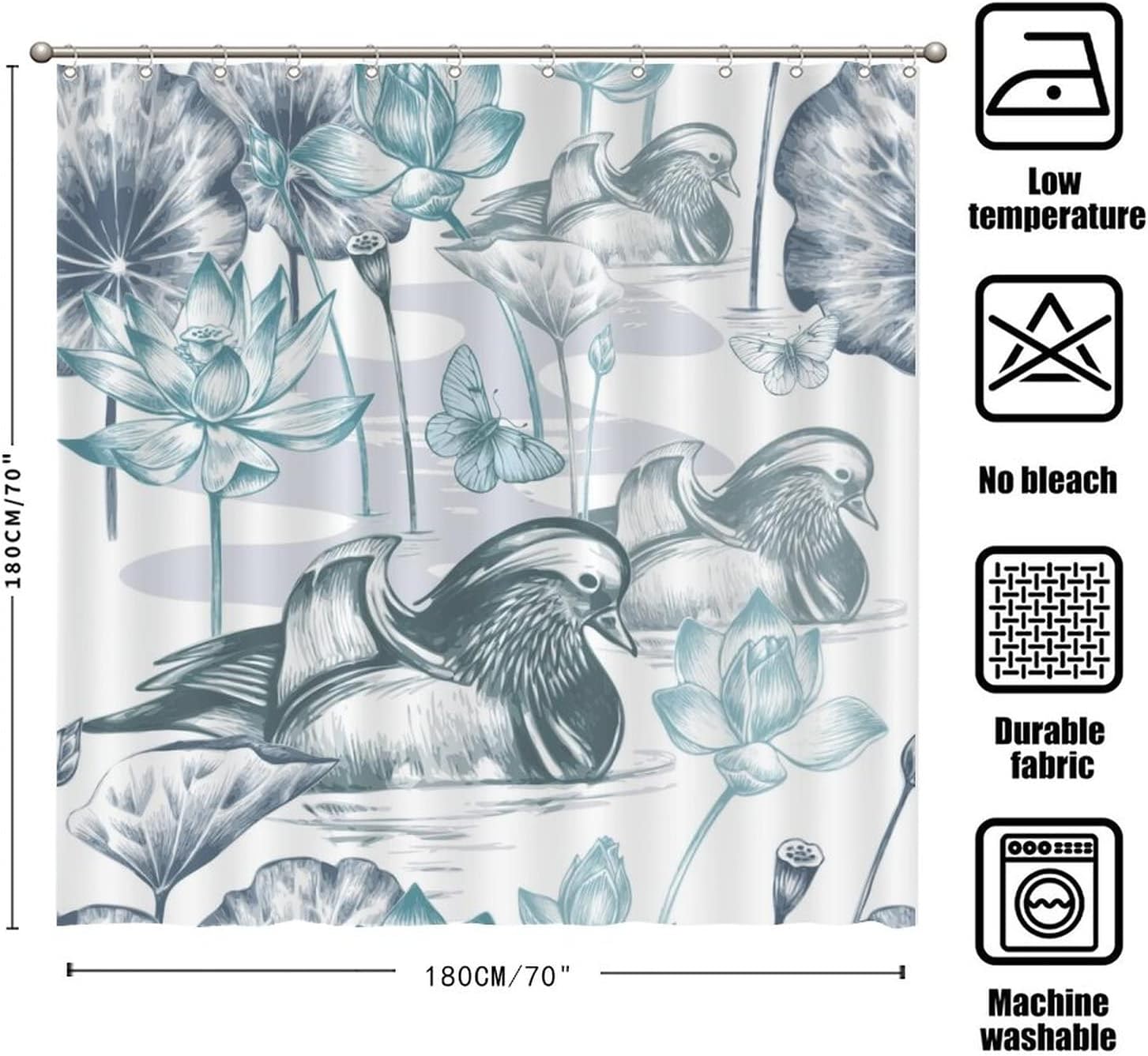 Mandarin Duck Shower Curtain - Oriental Bird Machine Washable With Waterproof Fabric For A Master Or Guest Bathroom - Image 2