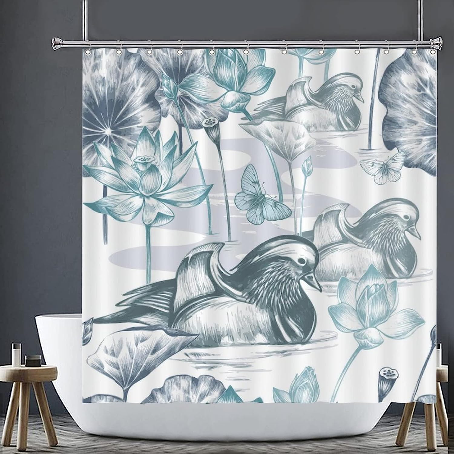 Mandarin Duck Shower Curtain - Oriental Bird Machine Washable With Waterproof Fabric For A Master Or Guest Bathroom - Image 3