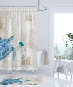 Map Printed Sea Turtle Shower Curtain Waterproof Fabric for Adventurous Bathroom Decor
