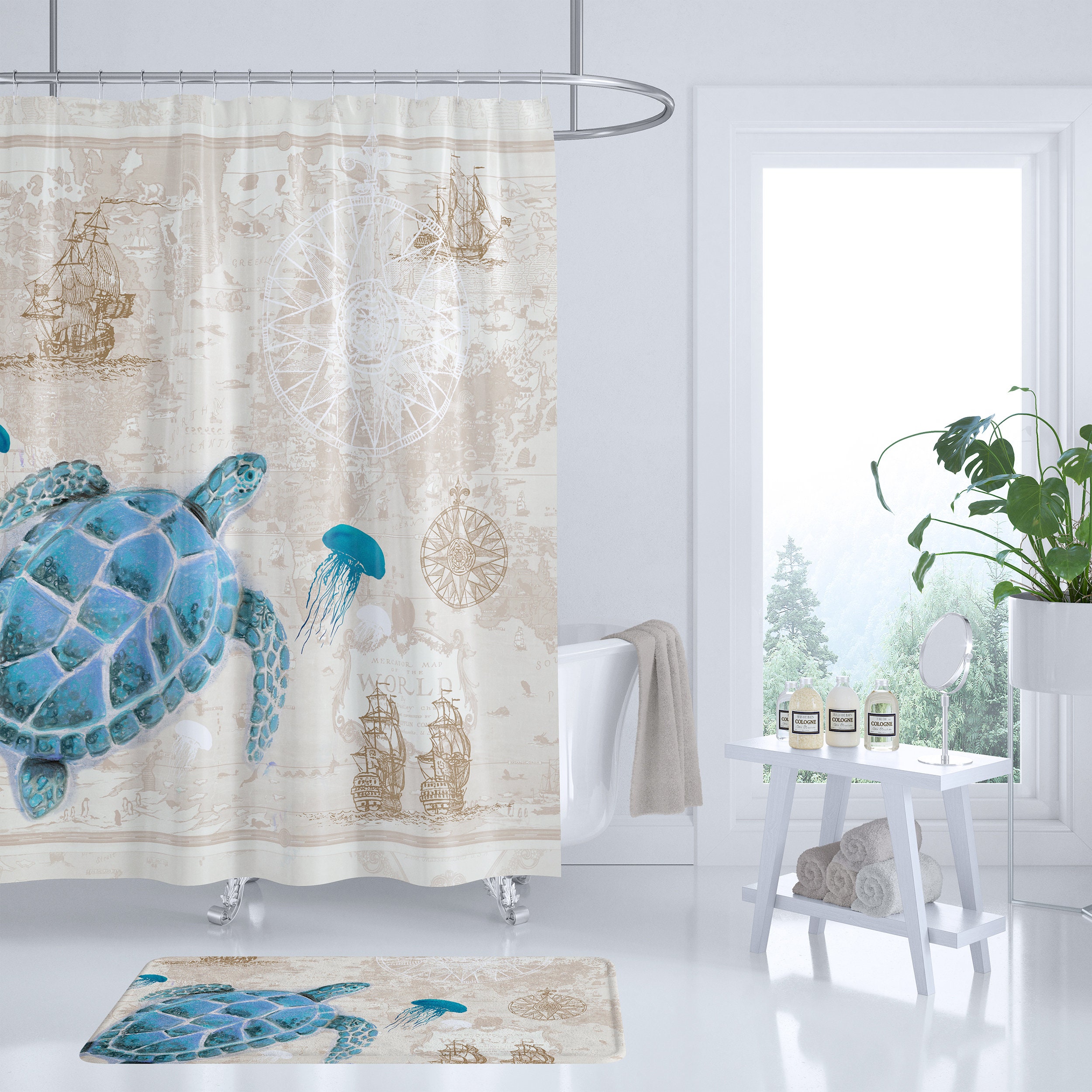 Map Printed Sea Turtle Shower Curtain Waterproof Fabric for Adventurous Bathroom Decor
