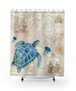Map Printed Sea Turtle Shower Curtain Waterproof Fabric for Adventurous Bathroom Decor