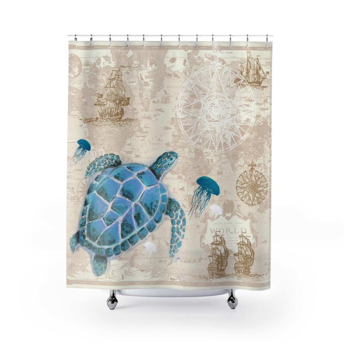 Map Printed Sea Turtle Shower Curtain Waterproof Fabric for Adventurous Bathroom Decor
