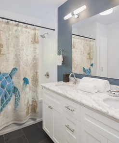 Map Printed Sea Turtle Shower Curtain Waterproof Fabric for Adventurous Bathroom Decor