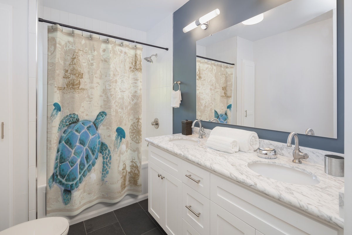 Map Printed Sea Turtle Shower Curtain Waterproof Fabric for Adventurous Bathroom Decor