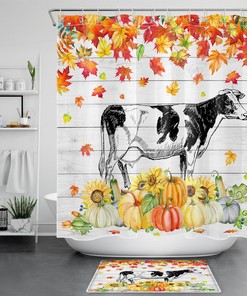 Maple Leaf Fall Shower Curtain Rustic Board Pumpkin Cow Bathroom Accessories