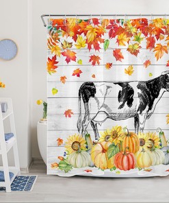Maple Leaf Fall Shower Curtain Rustic Board Pumpkin Cow Bathroom Accessories