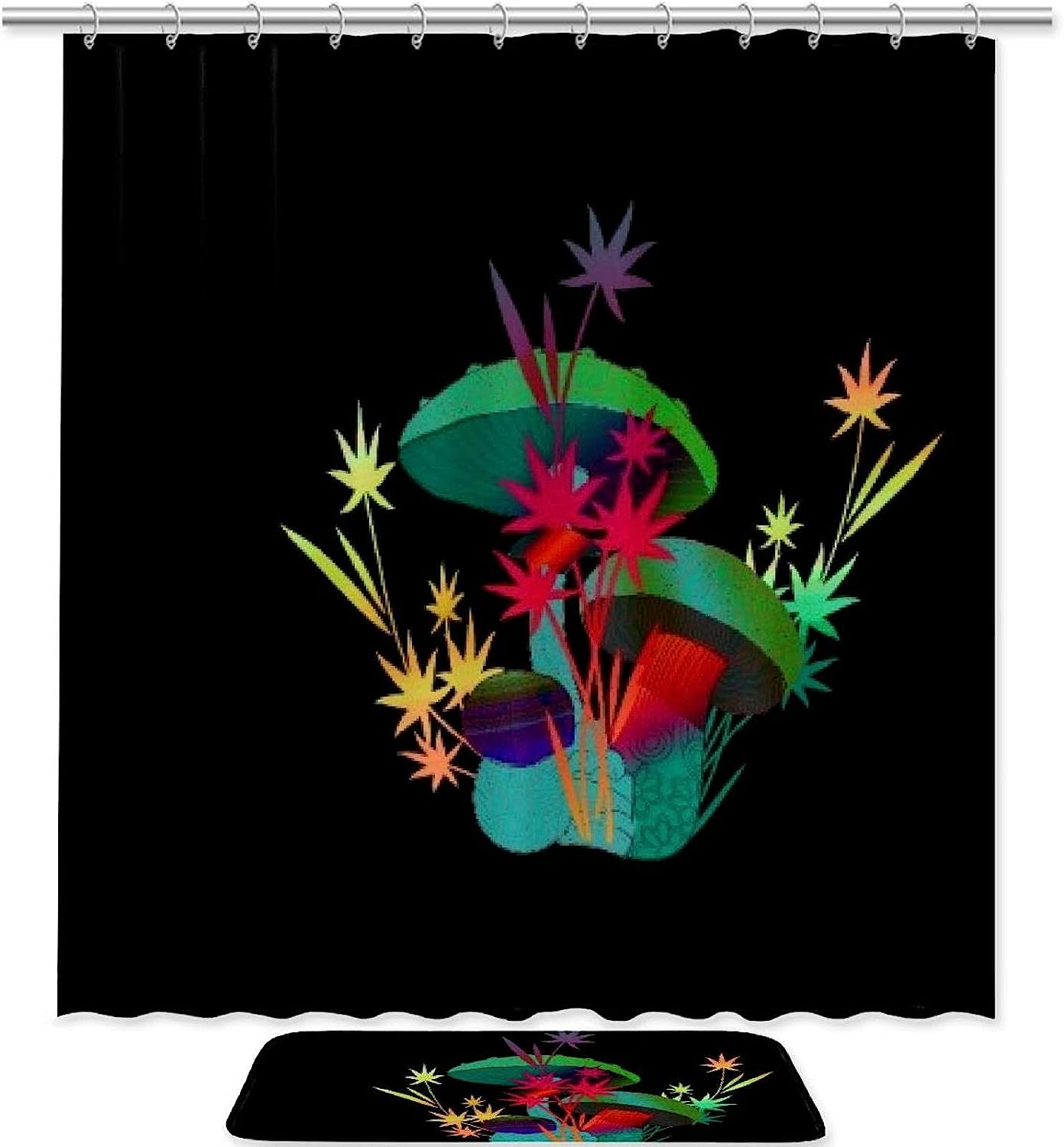Maple Leaf Mushroom Printed Bathroom Tub Set With Waterproof Fabric Shower Curtain