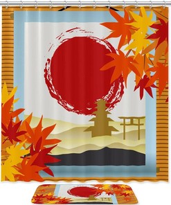Maple Leaf Sun Japanese Painting Waterproof Shower Curtain for Bathroom Decor
