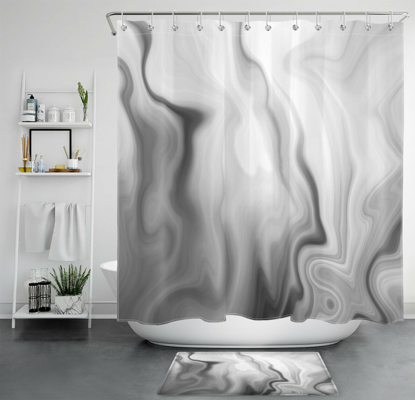 Marble Mashup Grey White Marble Shower Curtain With Abstract Geometric Design