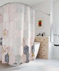 Marble Print Shower Curtain with Geometric Tiles for Modern Bathrooms