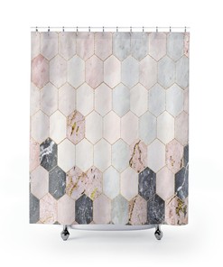 Marble Print Shower Curtain with Geometric Tiles for Modern Bathrooms