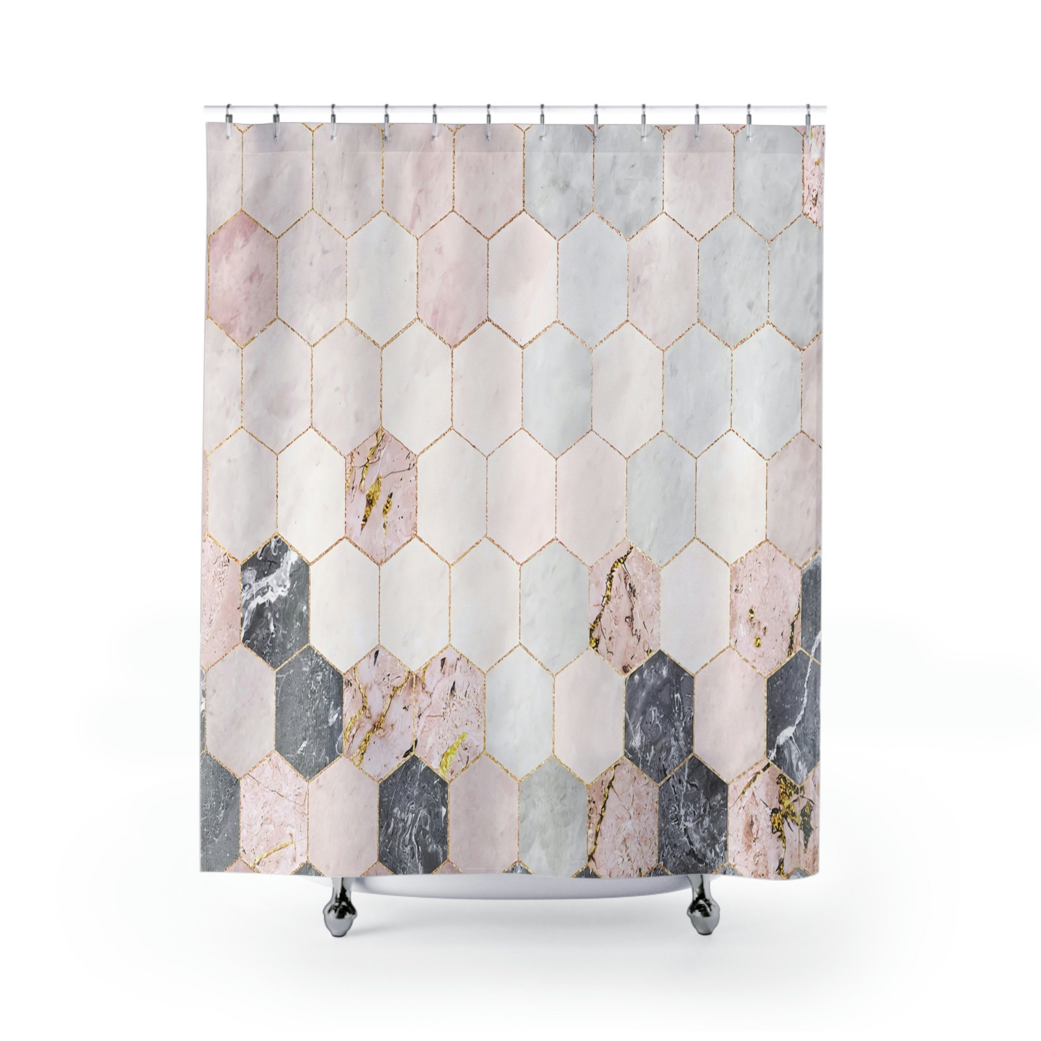 Marble Print Shower Curtain with Geometric Tiles for Modern Bathrooms