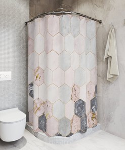 Marble Print Shower Curtain with Geometric Tiles for Modern Bathrooms