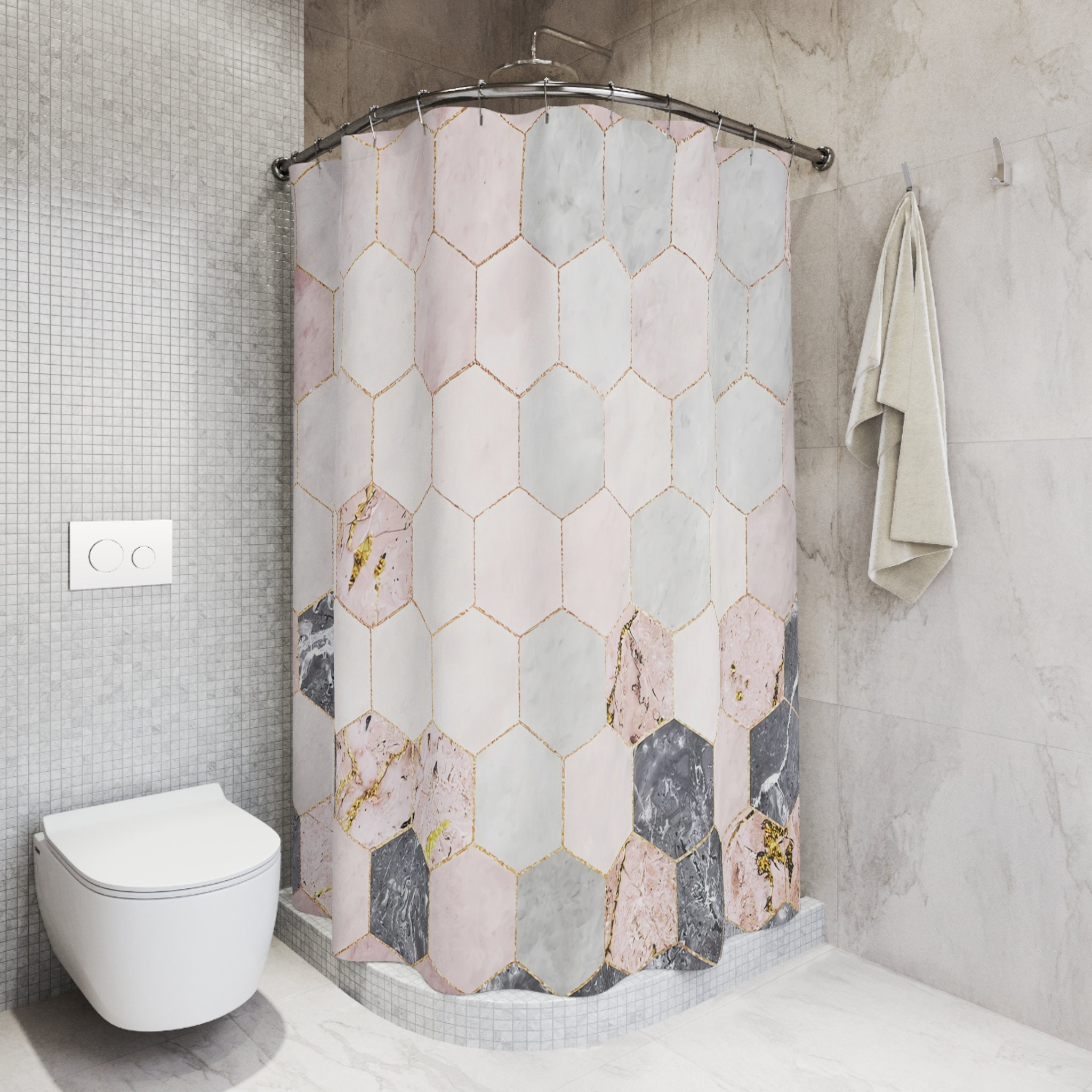 Marble Print Shower Curtain with Geometric Tiles for Modern Bathrooms