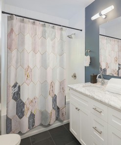 Marble Print Shower Curtain with Geometric Tiles for Modern Bathrooms