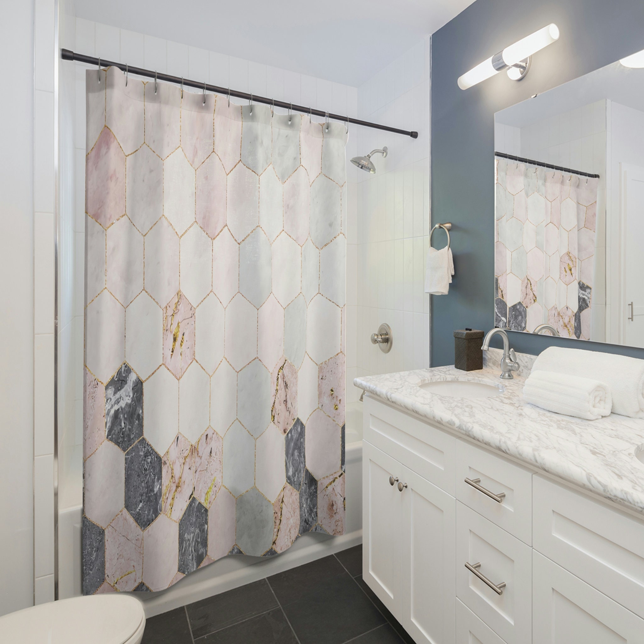 Marble Print Shower Curtain with Geometric Tiles for Modern Bathrooms