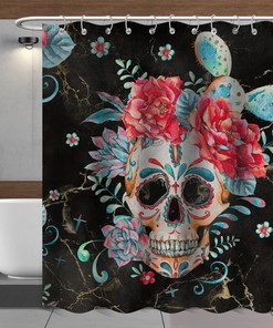 Marble Skull Flower Fabric Shower Curtain - Unique Marble Flower Bathroom Decor