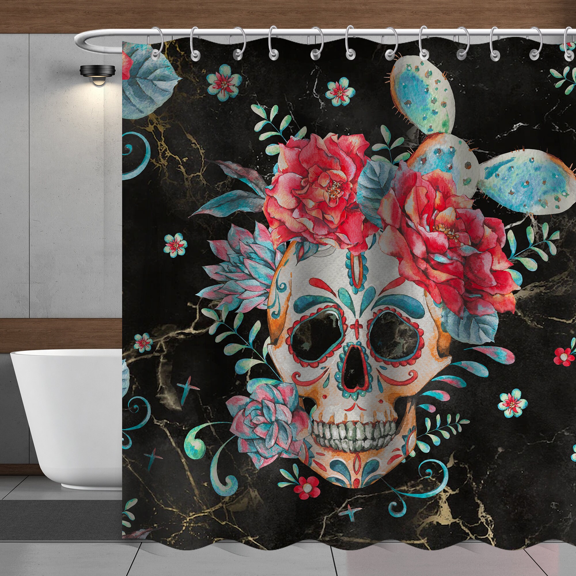 Marble Skull Flower Fabric Shower Curtain - Unique Marble Flower Bathroom Decor
