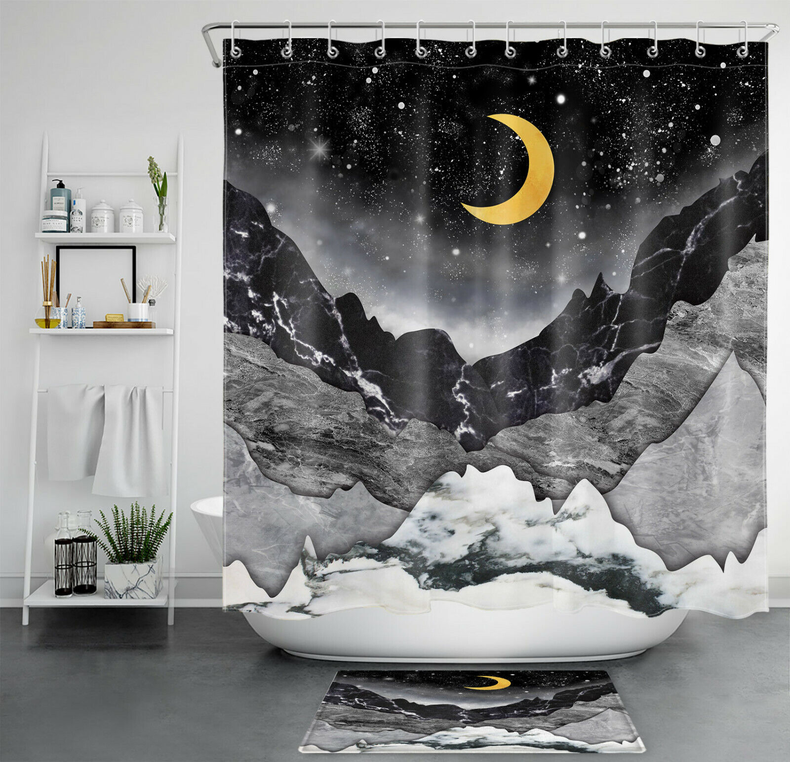 Marble Texture Mountains Golden Moon Unique Shower Curtain For Modern Bathroom Decor