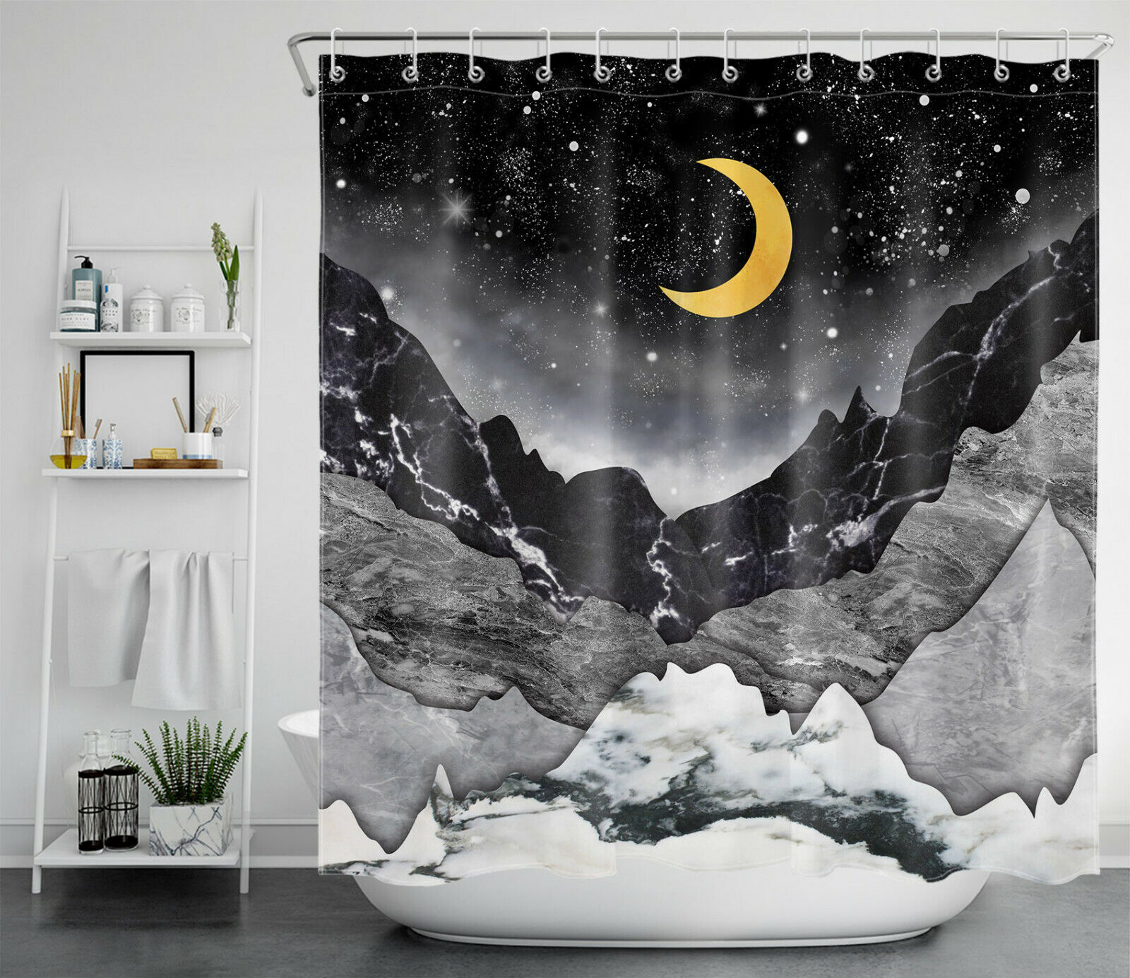 Marble Texture Mountains Golden Moon Unique Shower Curtain For Modern Bathroom Decor - Image 2