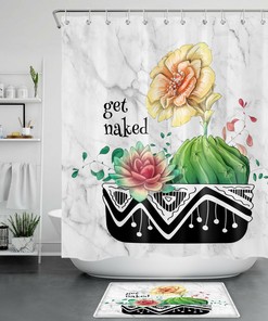 Marble Texture With Succulents And Flowers Print Shower Curtain For Elegant Bathroom Decor