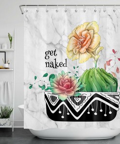 Marble Texture With Succulents And Flowers Print Shower Curtain For Elegant Bathroom Decor