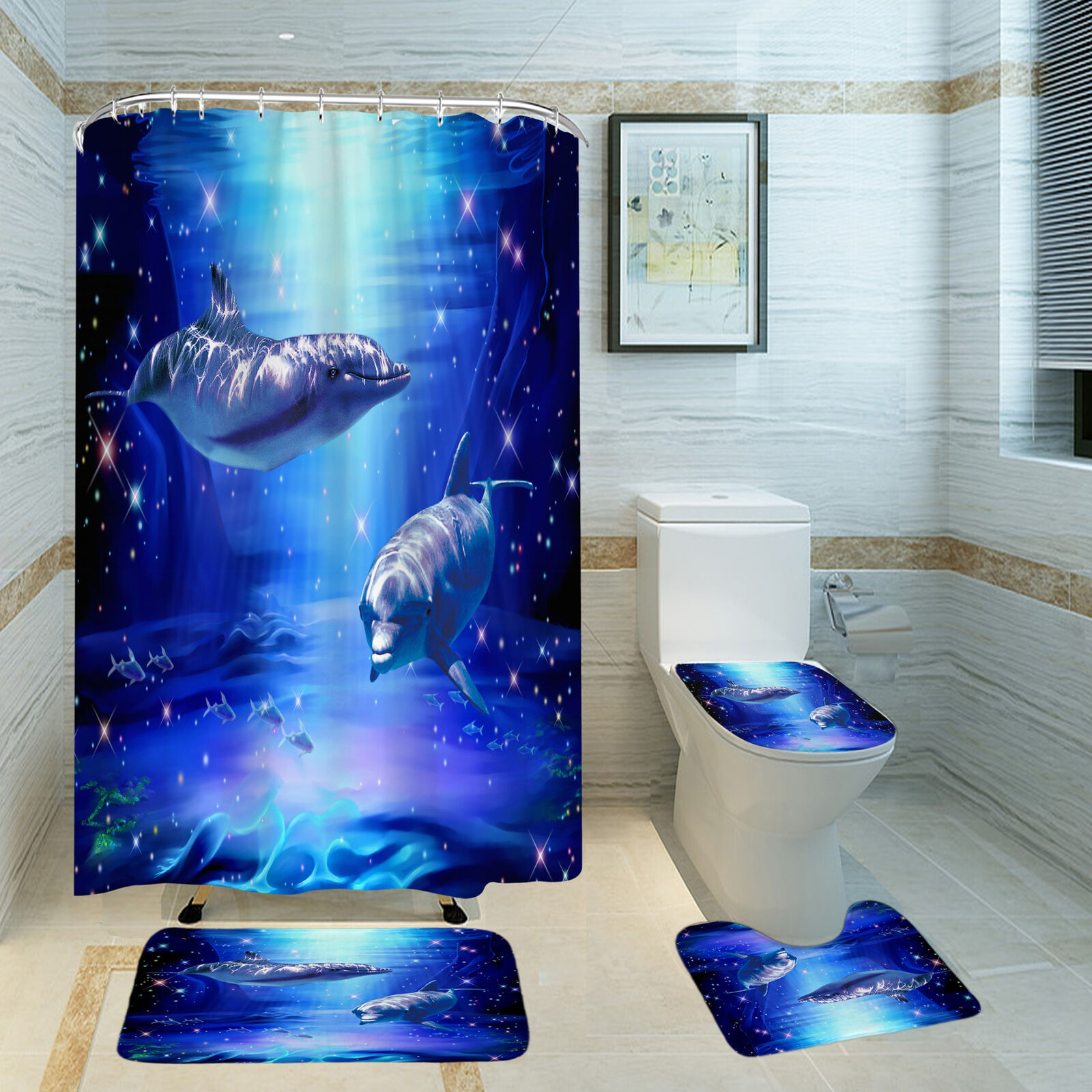 Marine Animal Set Lovely Dolphin Waterproof Shower Curtain - Luxury Shower Curtains